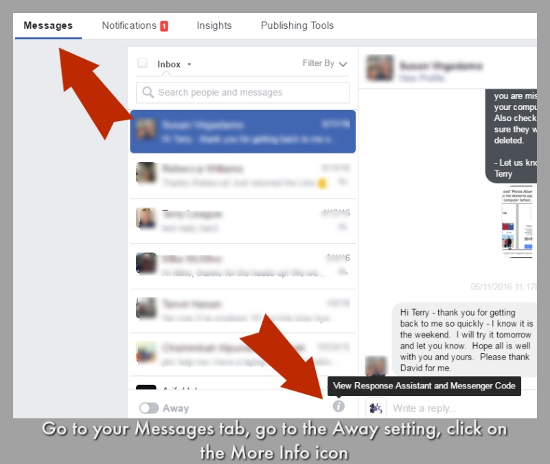 Messages Tab on Facebook Page for Response Assistant and Messenger Code